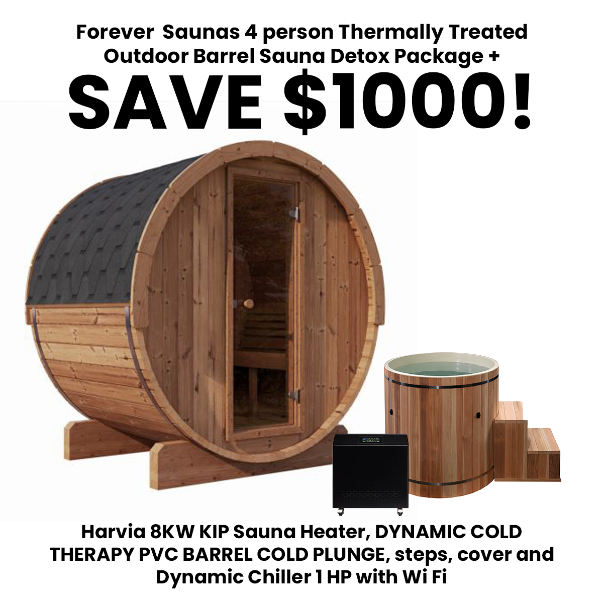 Forever  Saunas 4 person Thermally Treated Outdoor Barrel Sauna Detox Package