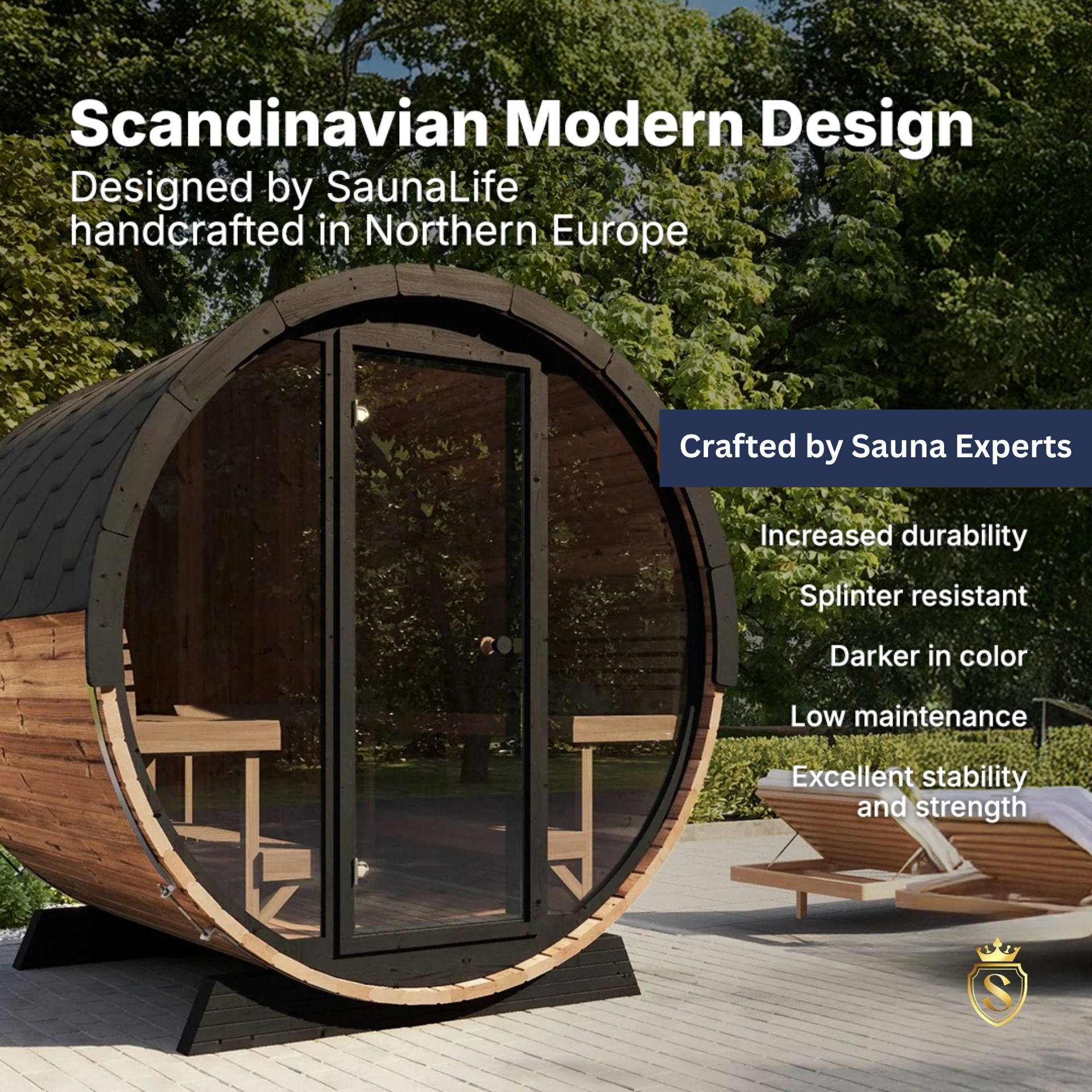 SaunaLife Model EE6G Sauna Barrel Ergo Elegance Series Sauna Barrel 63" L x 91" D Glass Front, 4 - Person - Saunas King